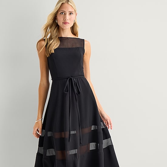 Danny & Nicole Womens Midi Round Neck Sleeveless Fit + Flare Dress