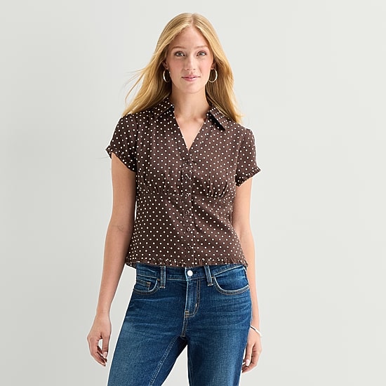 Forever 21 Womens Juniors Cap Short Sleeve Regular Fit Poplin Button-Down Shirt