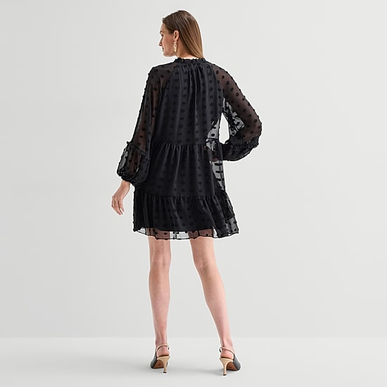 MSK Womens V Neck Long Sleeve Dots Shift Dress