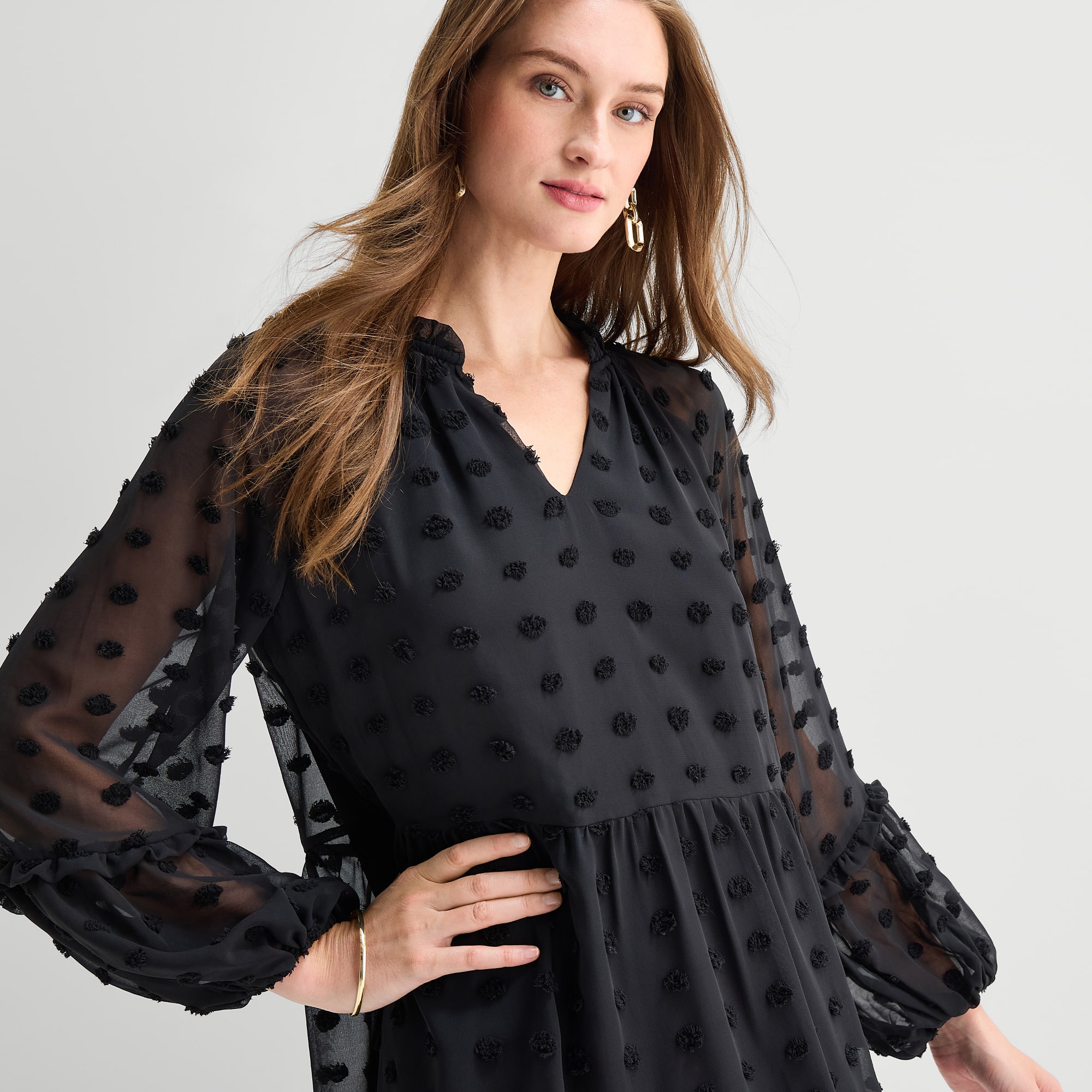 MSK Womens V Neck Long Sleeve Dots Shift Dress