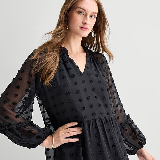MSK Womens V Neck Long Sleeve Dots Shift Dress
