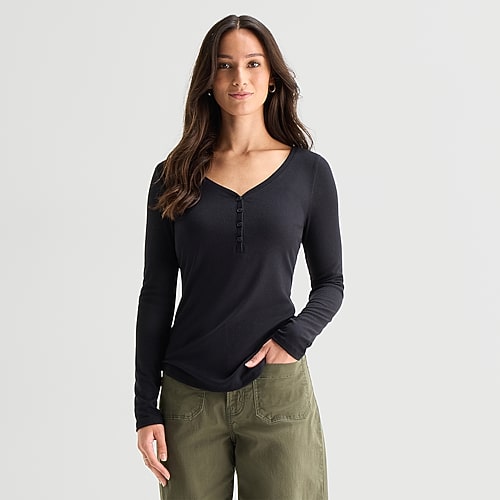 Ana Womens Tall Long Sleeve Regular Fit Henley Shirt In Black
