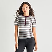 A.N.A Womens Henley Neck Short Sleeve Striped Pullover Sweater