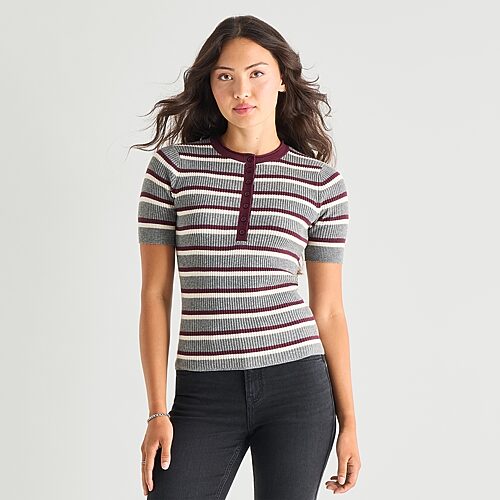 Ana Womens Crew Neck Short Sleeve Striped Pullover Sweater In Gray