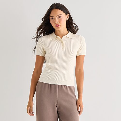 Ana Womens Short Sleeve Polo Sweater In Sand