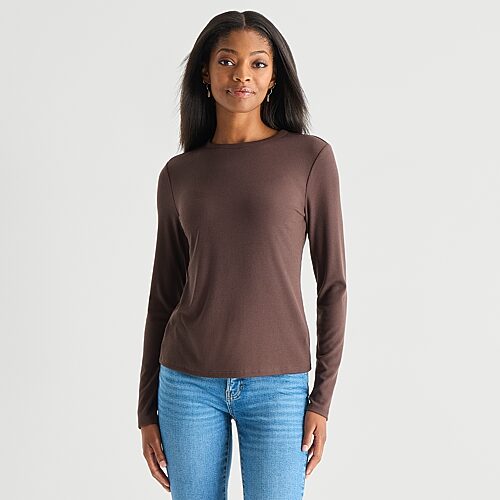 A.N.A Ribbed Womens Crew Neck Long Sleeve T-Shirt, Small, Brown