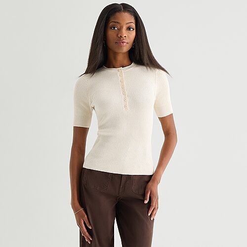 Ana Womens Crew Neck Short Sleeve Striped Pullover Sweater In Sand
