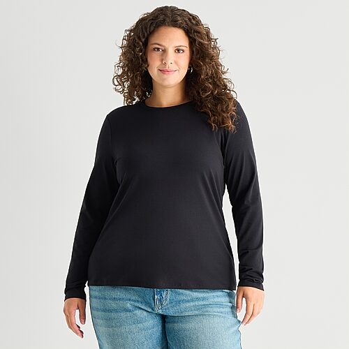 Ana Womens Plus Crew Neck Long Sleeve T-shirt In Black