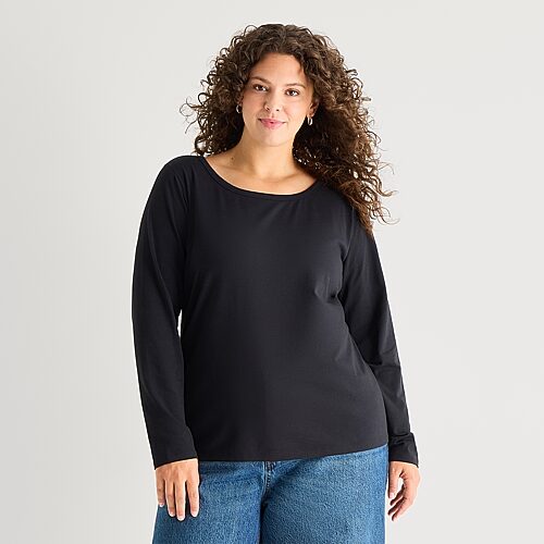 Ana Womens Plus Easy-on + Easy-off Crew Neck Long Sleeve Adaptive T-shirt In Black