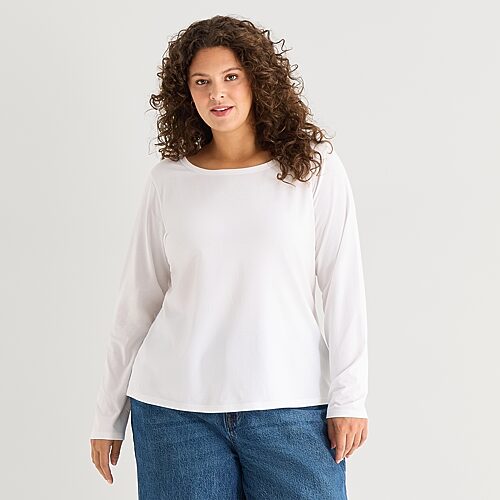 Ana Womens Plus Easy-on + Easy-off Crew Neck Long Sleeve Adaptive T-shirt In White