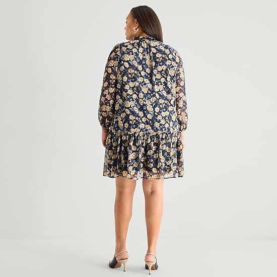 Be by CHETTA B Womens Plus V Neck Long Sleeve Floral Shift Dress