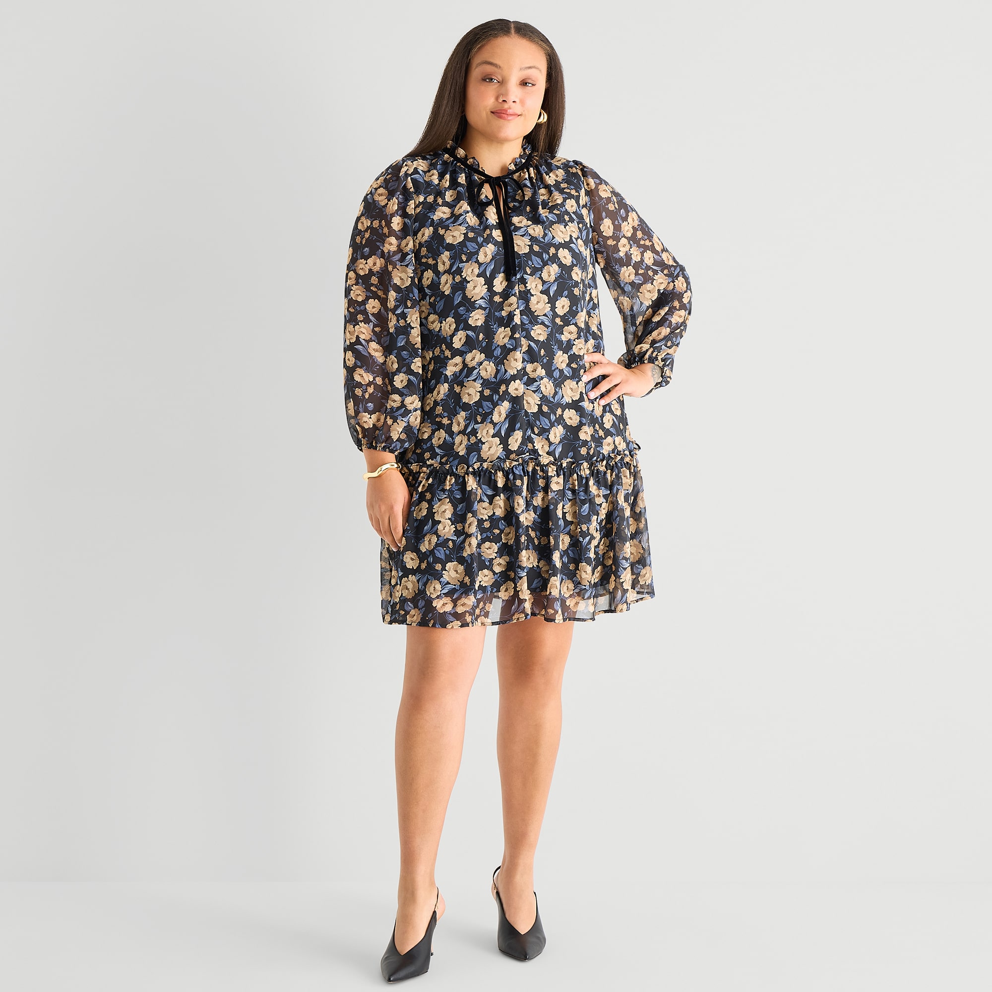 Be by CHETTA B Womens Plus V Neck Long Sleeve Floral Shift Dress