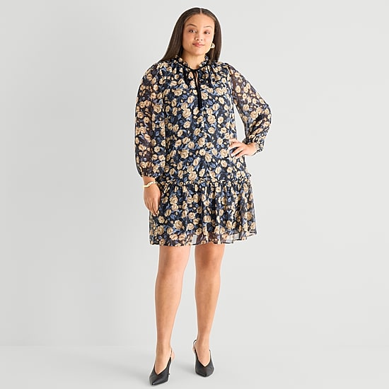 Be by CHETTA B Womens Plus V Neck Long Sleeve Floral Shift Dress