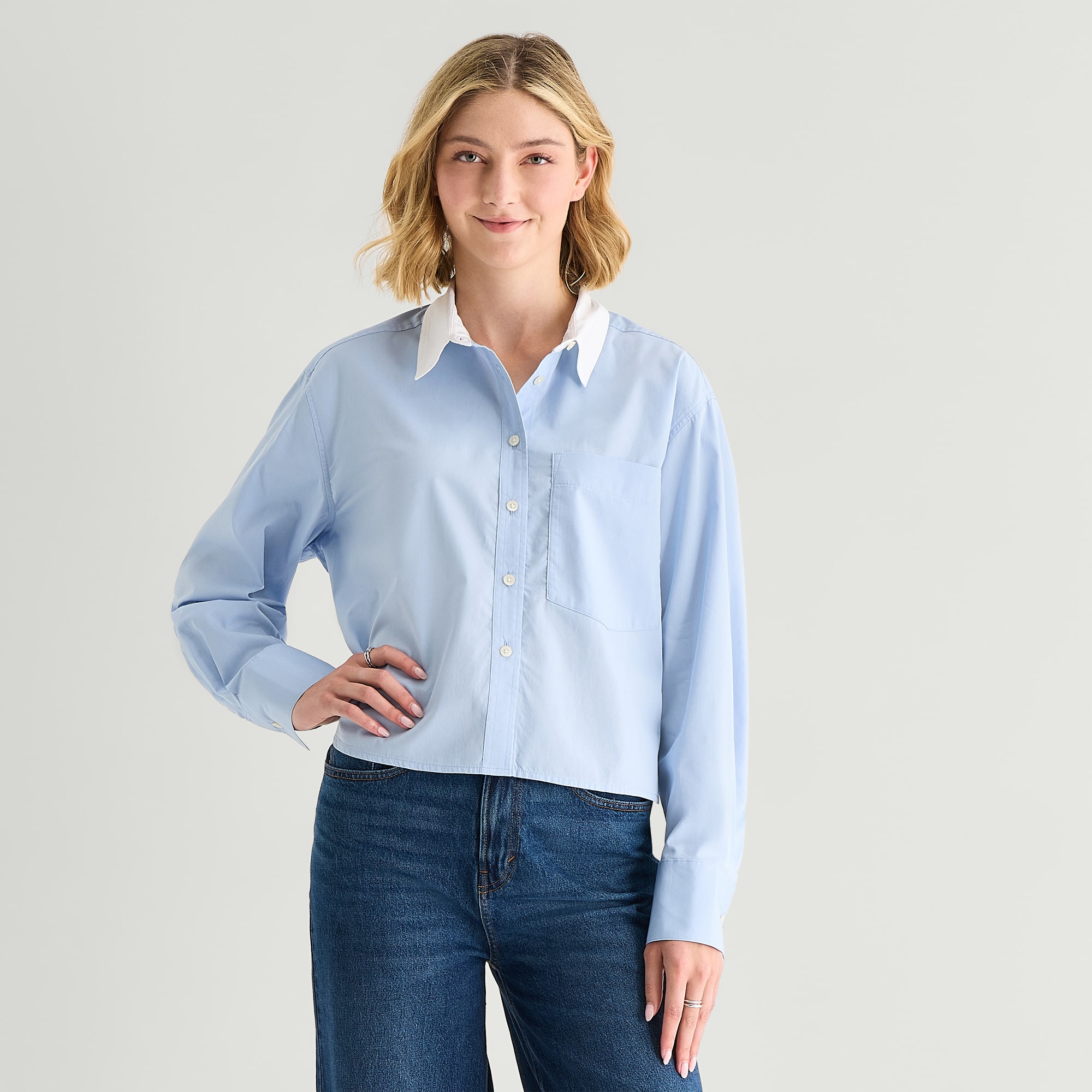 A.N.A Cropped Womens Cuffed Long Sleeve Regular Fit Button-Down Shirt