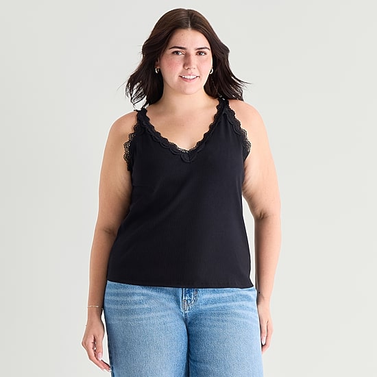 A.N.A Lace Trim Womens Plus V Neck Sleeveless Tank Top