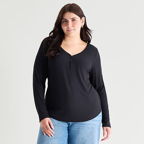 Ana Womens Plus Long Sleeve Regular Fit Henley Shirt In Black