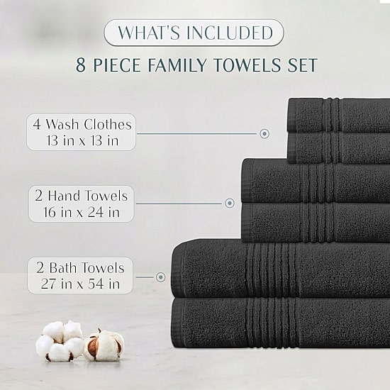 Home Weavers Inc Hazel Collection 100% Cotton Zero Twist Super Absorbent 8-pc. Quick Dry Bath Towel Set