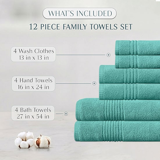 Home Weavers Inc Hazel Collection 100% Cotton Zero Twist Super Absorbent 12-pc. Quick Dry Bath Towel Set