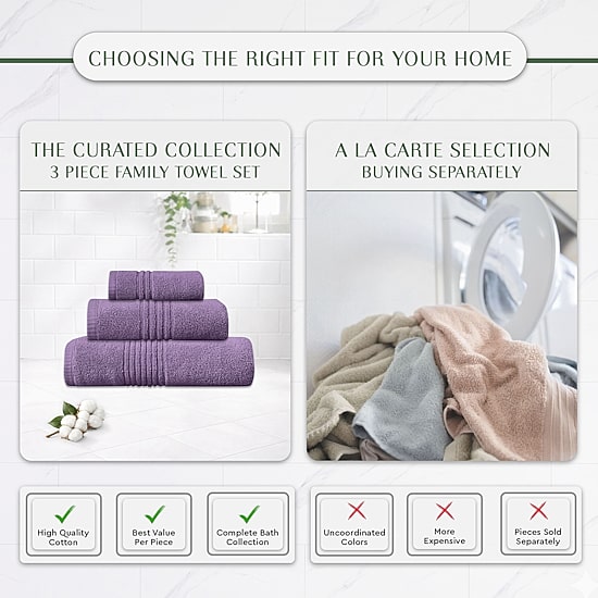 Home Weavers Inc Hazel Collection 100% Cotton Zero Twist Super Absorbent 3-pc. Quick Dry Bath Towel Set