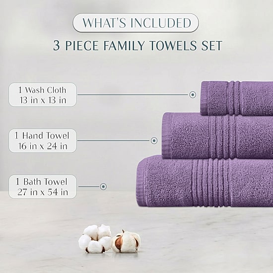 Home Weavers Inc Hazel Collection 100% Cotton Zero Twist Super Absorbent 3-pc. Quick Dry Bath Towel Set