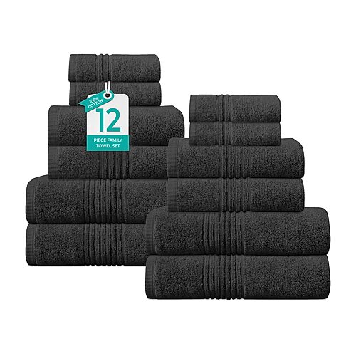 Home Weavers Inc Hazel Collection 100% Cotton Zero Twist Super Absorbent 12-pc. Quick Dry Bath Towel Set In Black
