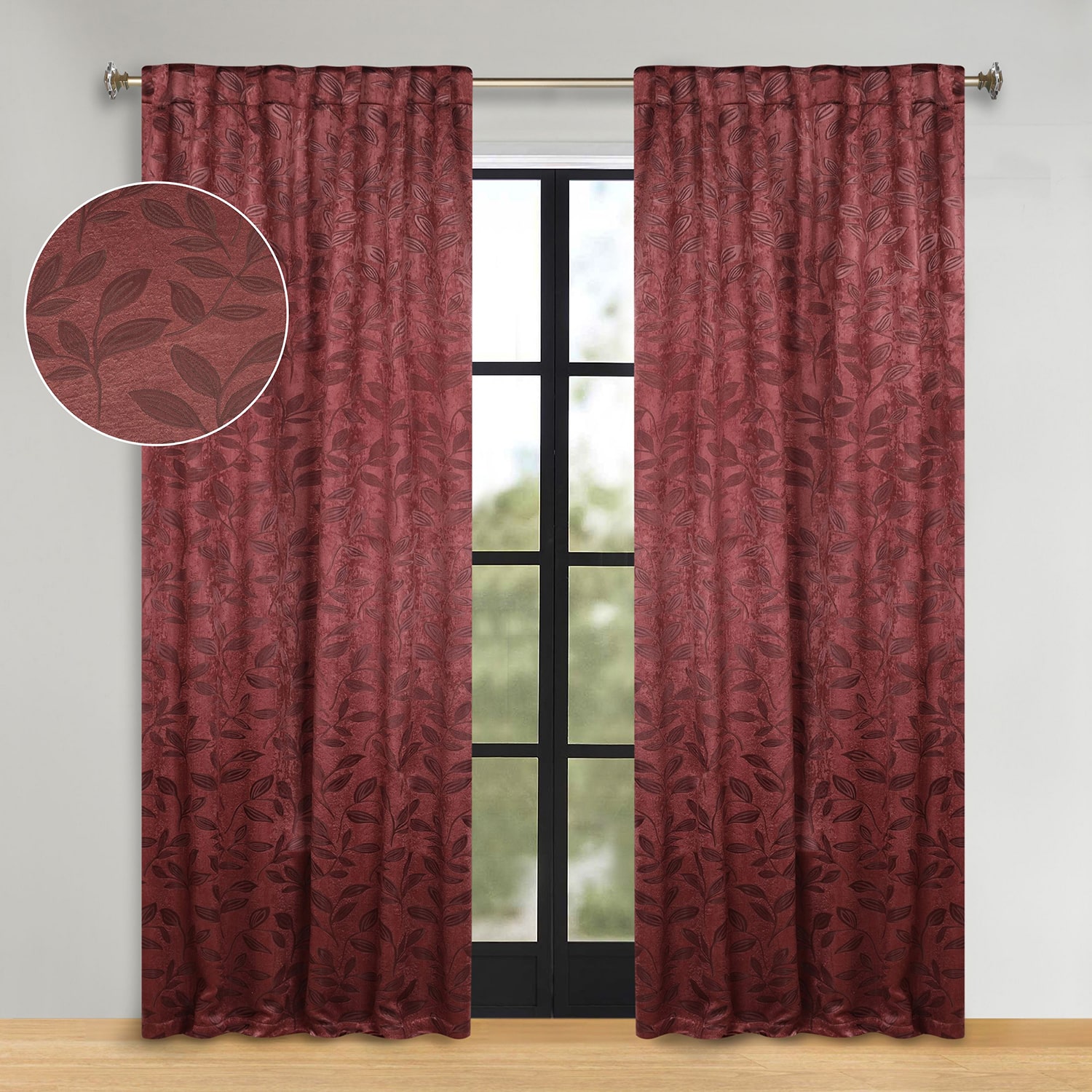 SUPERIOR® Leaves Back Tab Energy Saving Room Darkening Set of 2 Curtain Panel