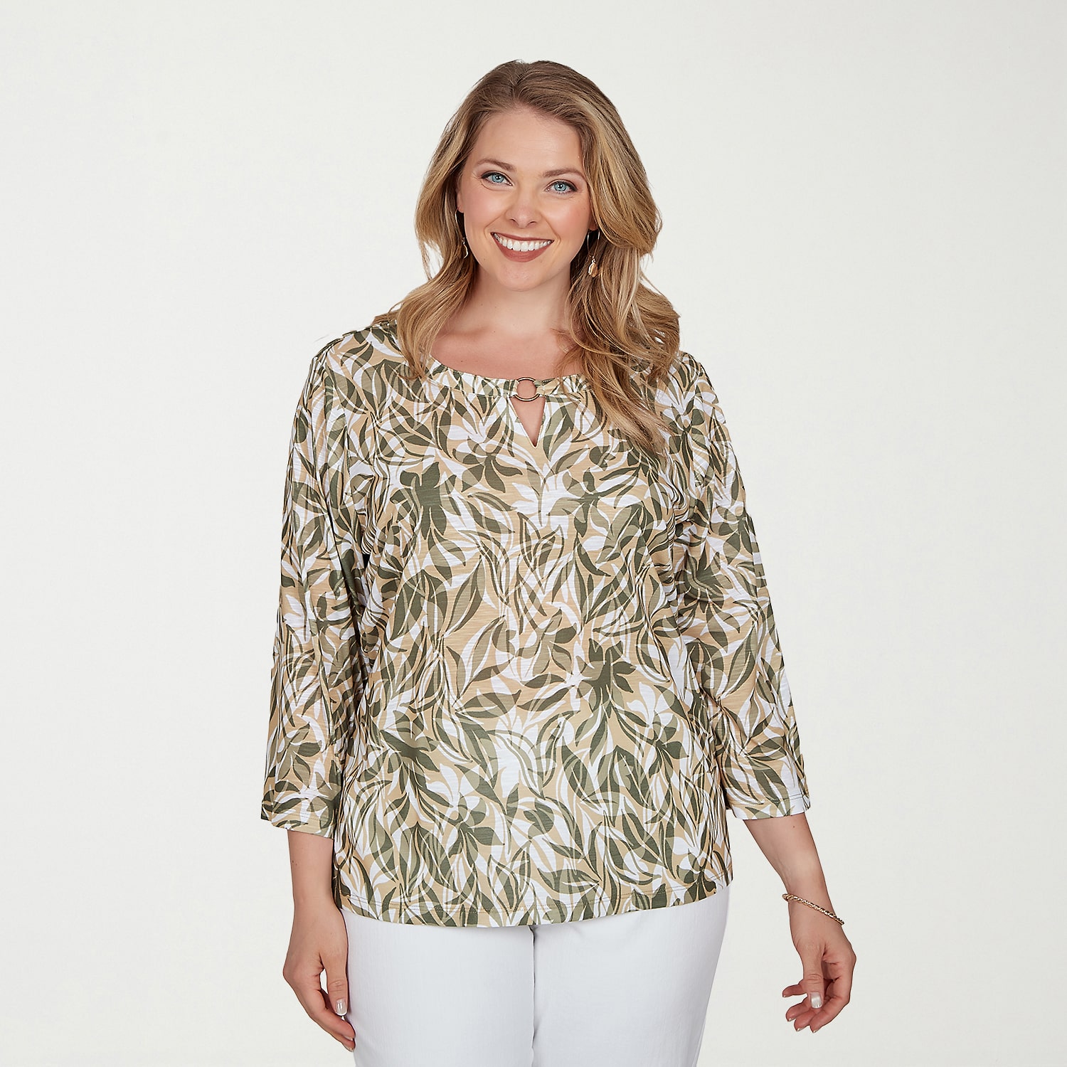 Hearts Of Palm Womens Plus Keyhole Neck 3/4 Sleeve T-Shirt