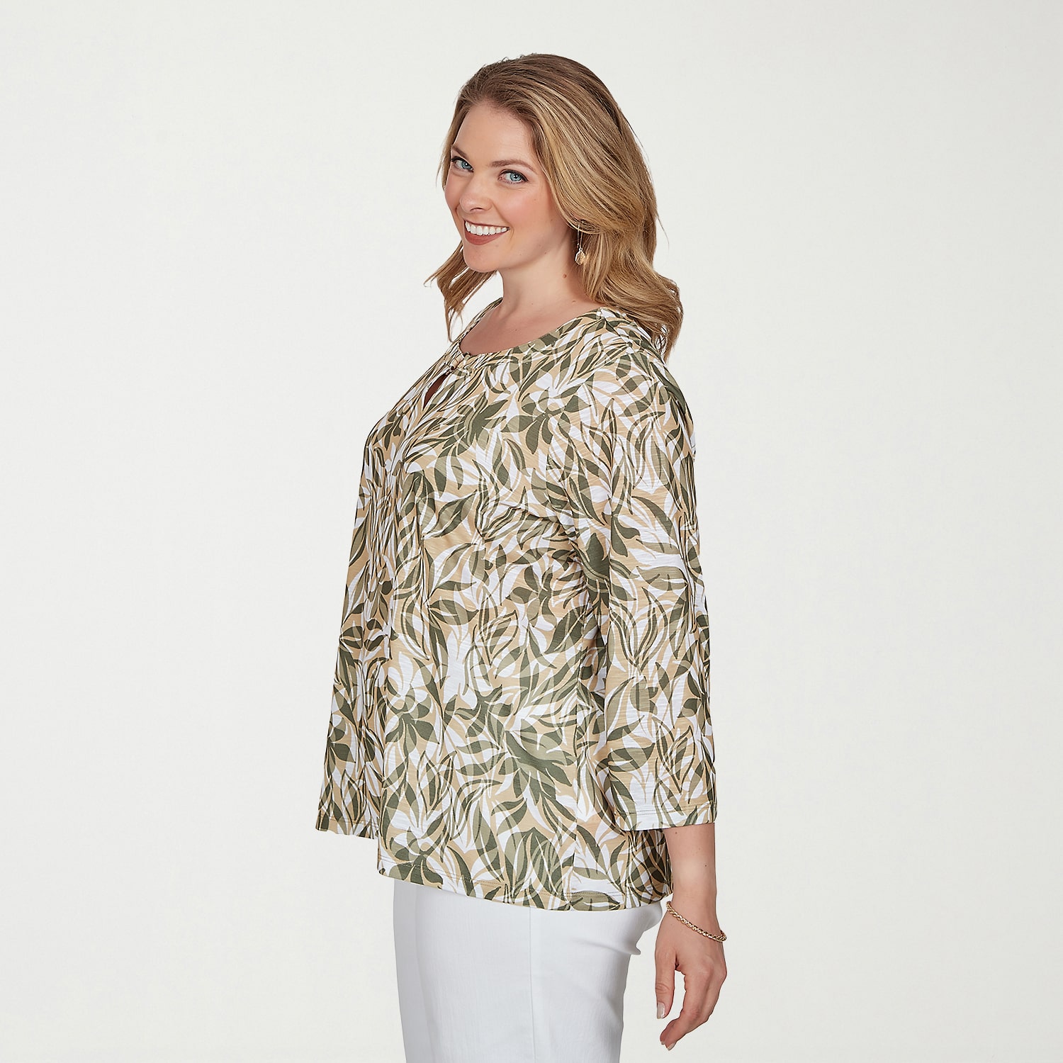 Hearts Of Palm Womens Plus Keyhole Neck 3/4 Sleeve T-Shirt