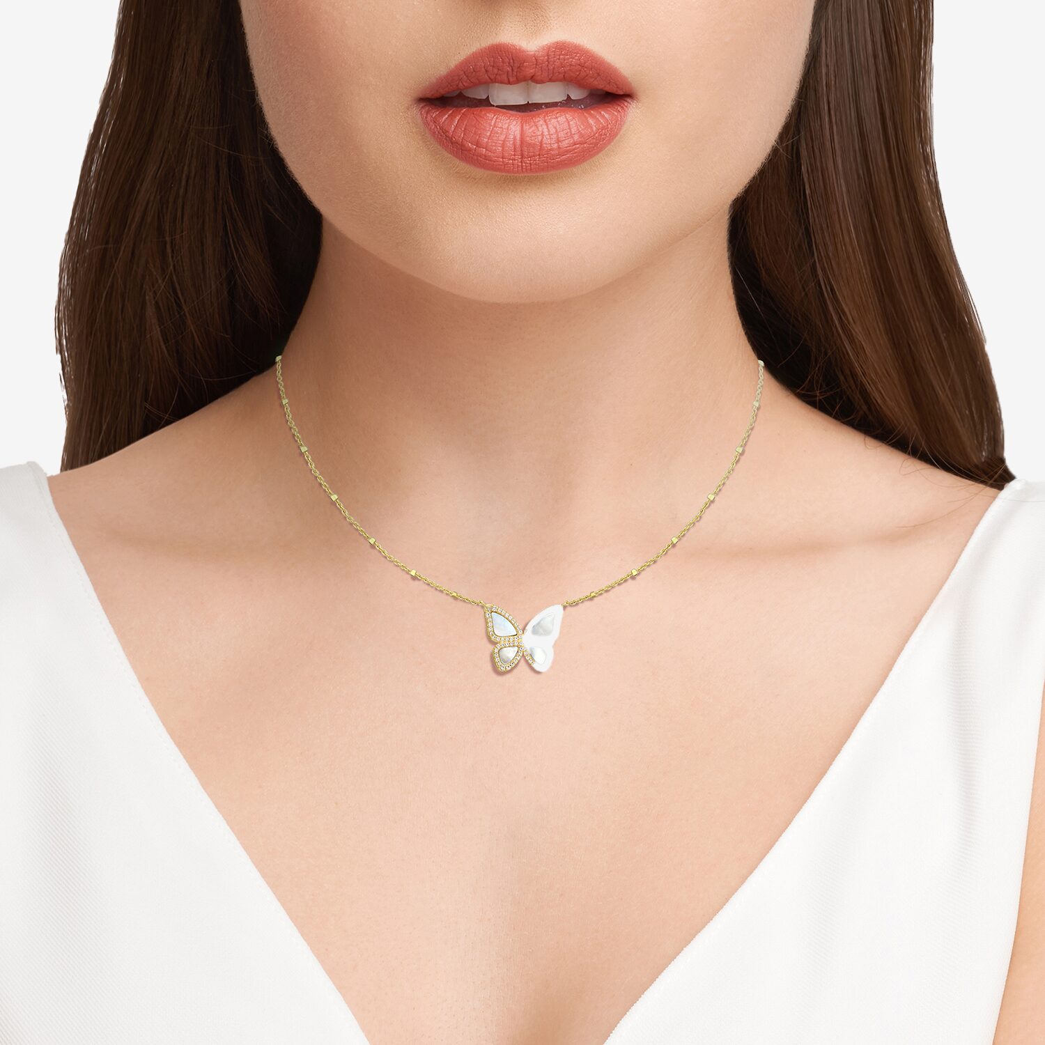 Womens White Mother Of Pearl 18K Gold Over Silver Butterfly 18 Inch Pendant Necklace