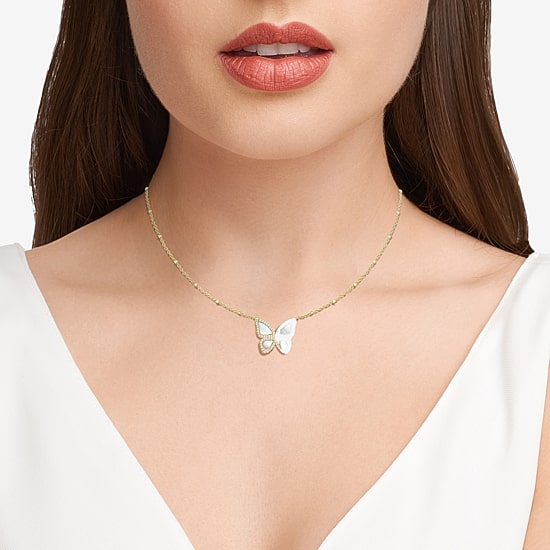 Womens White Mother Of Pearl 18K Gold Over Silver Butterfly 18 Inch Pendant Necklace