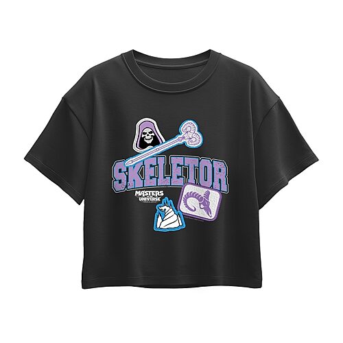 Air Waves Skeletor Faux Patches Big Kid Girls Crew Neck Short Sleeve Regular Fit Graphic T-shirt In Black