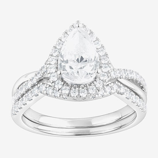 (G / Si1-Si2) Womens 2 CT. T.W. Lab Grown White Diamond Sterling Silver Pear Side Stone Bridal Set