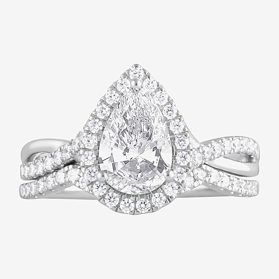 (G / Si1-Si2) Womens 2 CT. T.W. Lab Grown White Diamond Sterling Silver Pear Side Stone Bridal Set