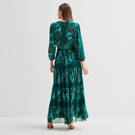 Melonie T Womens V Neck Long Sleeve Balloon Chiffon Maxi Dress