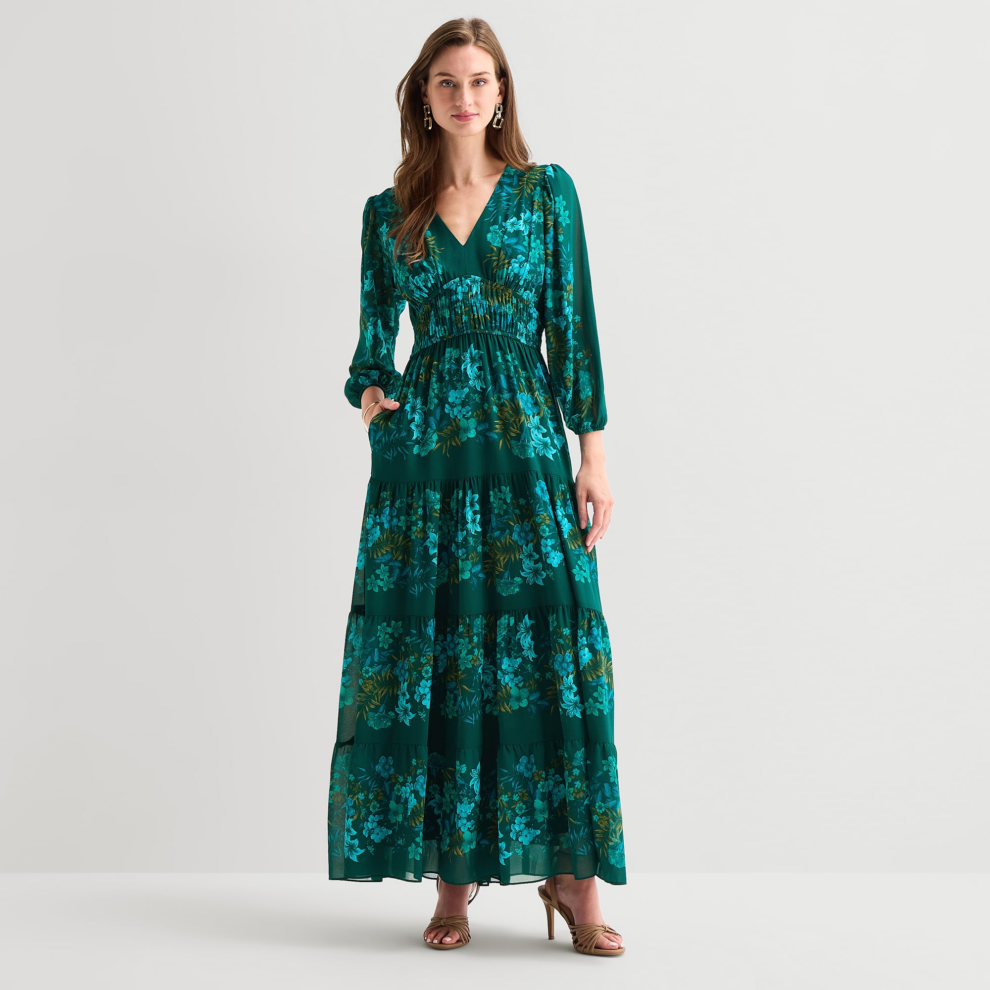 Melonie T Womens V Neck Long Sleeve Balloon Chiffon Maxi Dress