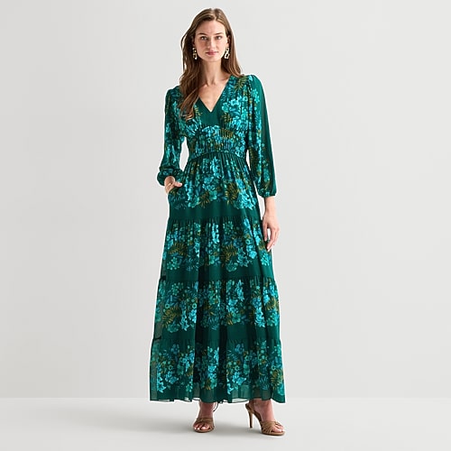 Melonie T Womens V Neck Long Sleeve Balloon Chiffon Maxi Dress In Green