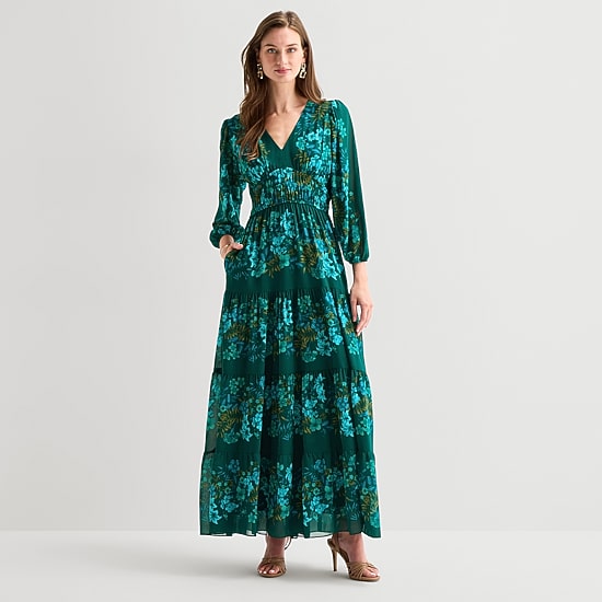 Melonie T Womens V Neck Long Sleeve Balloon Chiffon Maxi Dress