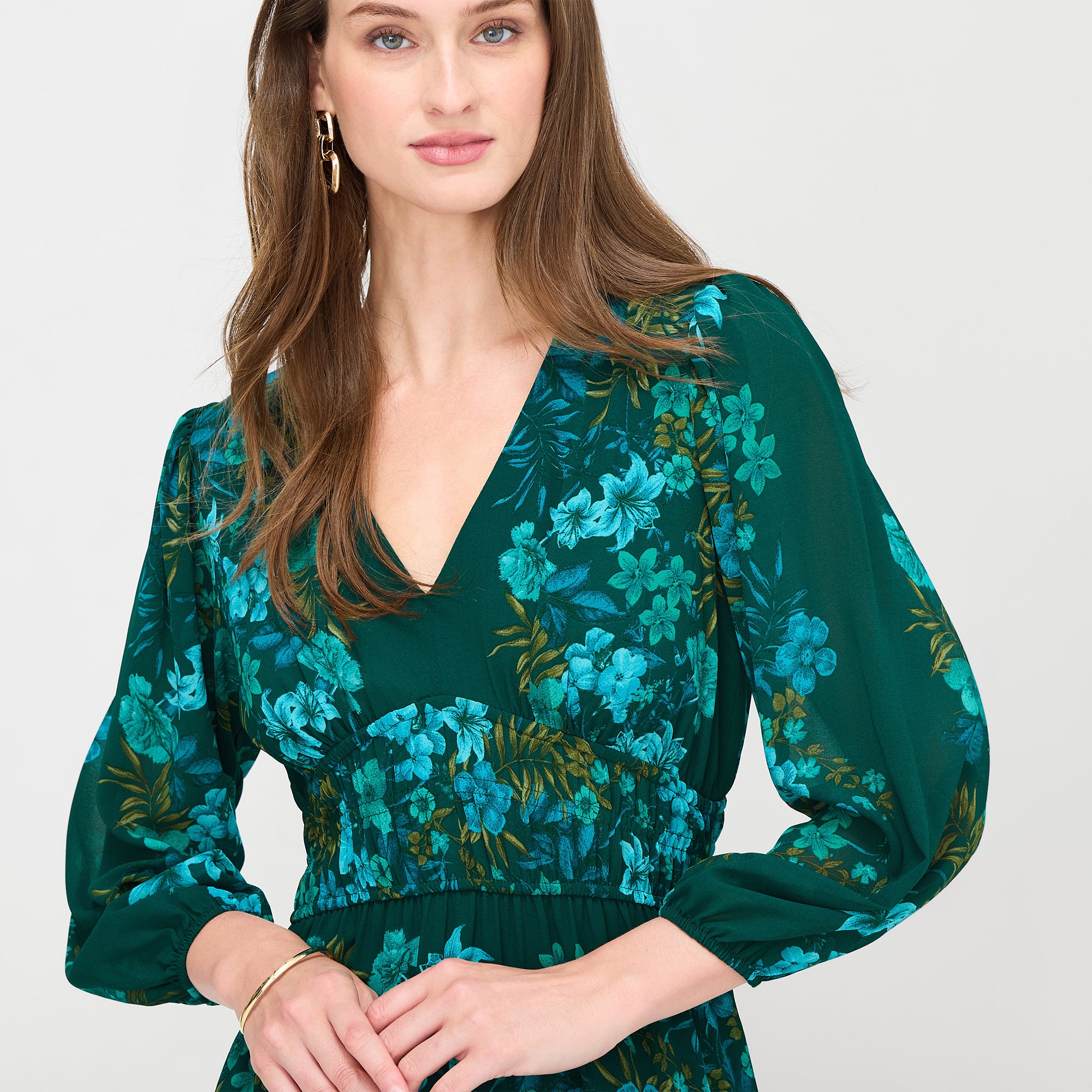 Melonie T Womens V Neck Long Sleeve Balloon Chiffon Maxi Dress