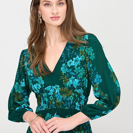 Melonie T Womens V Neck Long Sleeve Balloon Chiffon Maxi Dress