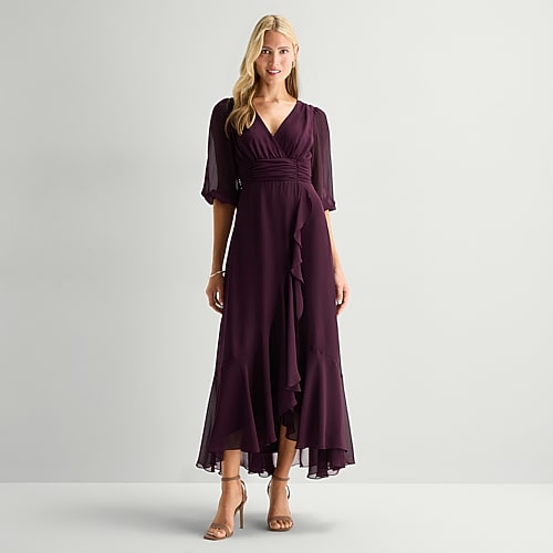 Melonie T Womens V Neck 3/4 Sleeve Balloon Chiffon Maxi Dress In Purple