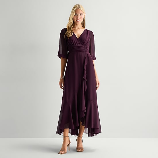 Melonie T Womens V Neck 3/4 Sleeve Balloon Chiffon Maxi Dress
