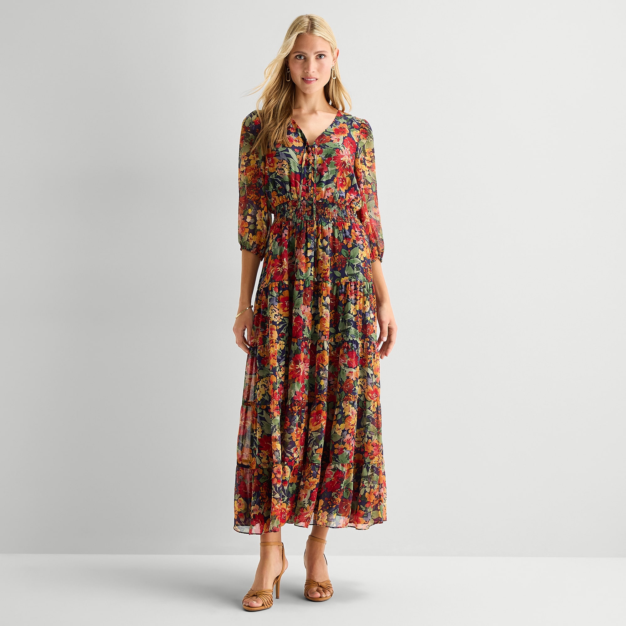 Sam And Jess Womens V Neck 3/4 Sleeve Balloon Maxi Dress