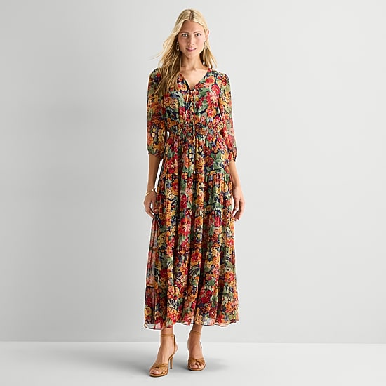Sam And Jess Womens V Neck 3/4 Sleeve Balloon Chiffon Maxi Dress