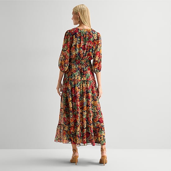 Sam And Jess Womens V Neck 3/4 Sleeve Balloon Chiffon Maxi Dress