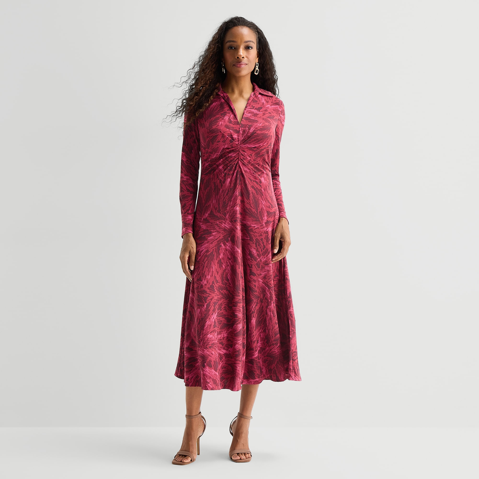 Danny & Nicole Womens Long Sleeve Midi Abstract Shirt Dress