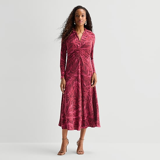 Danny & Nicole Womens Long Sleeve Midi Abstract Shirt Dress