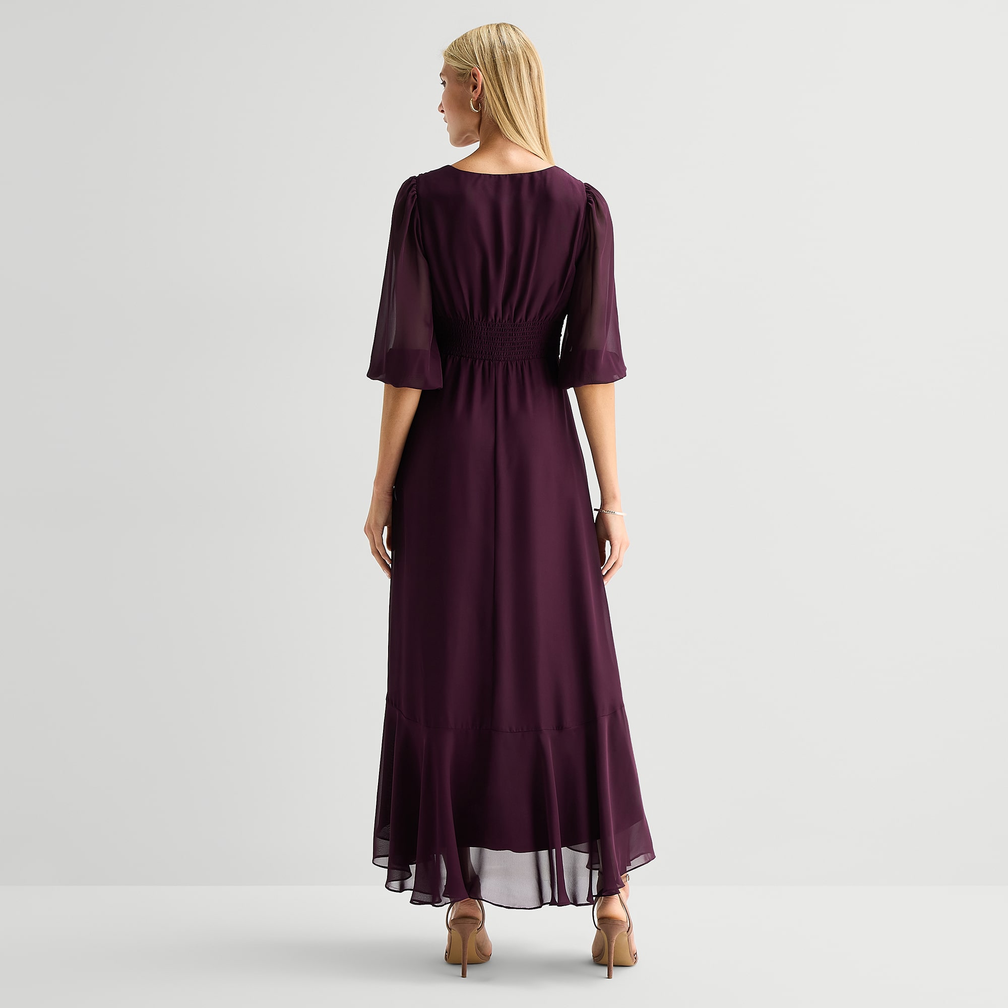 Melonie T Womens V Neck 3/4 Sleeve Balloon Chiffon Maxi Dress