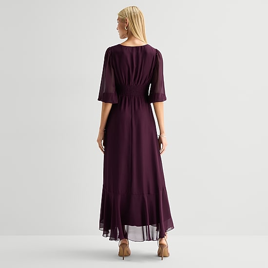 Melonie T Womens V Neck 3/4 Sleeve Balloon Chiffon Maxi Dress