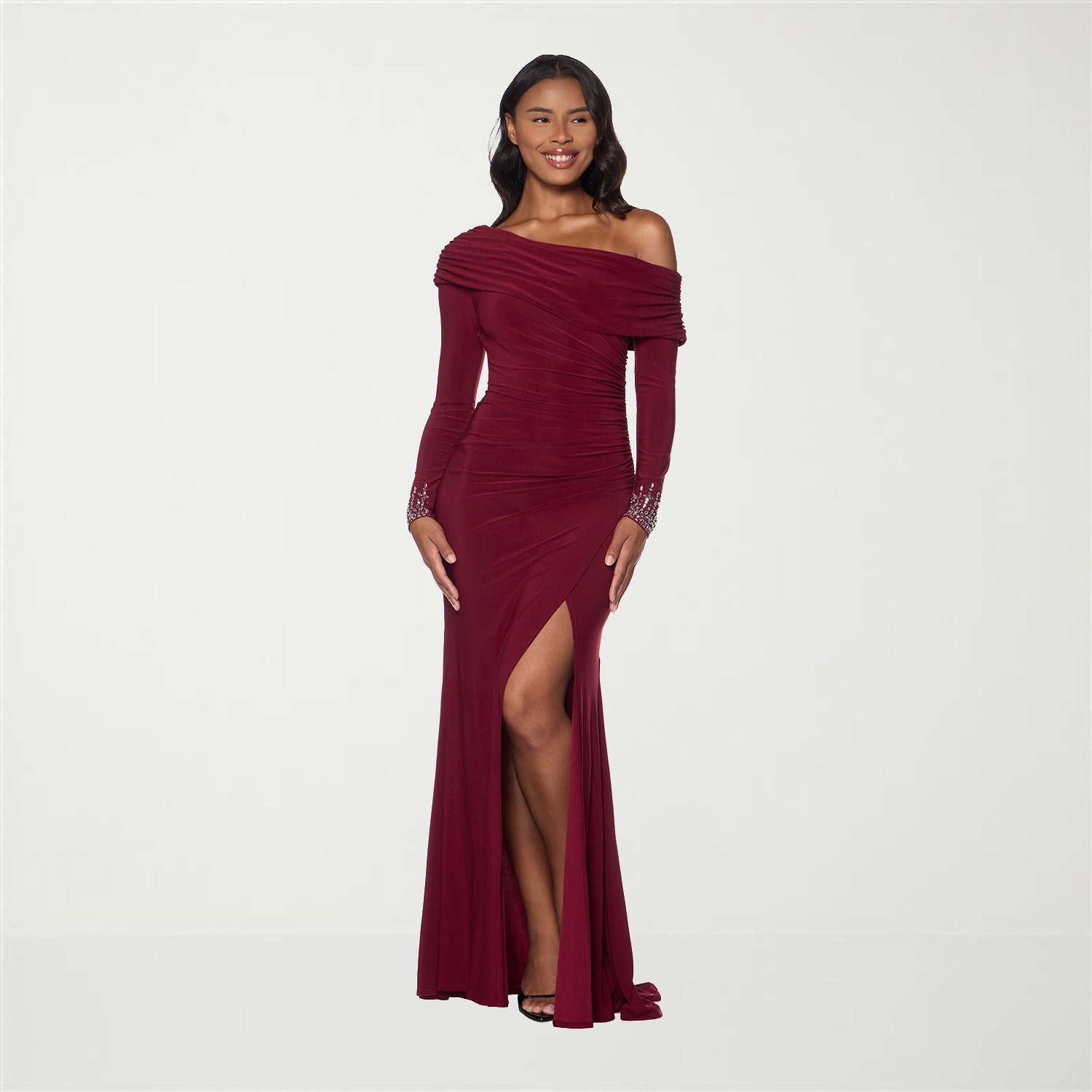 Premier Amour Womens Asymmetrical Neck Long Sleeve Fitted Evening Gown