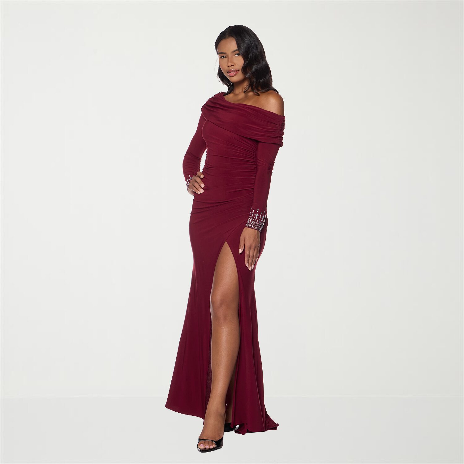 Premier Amour Womens Asymmetrical Neck Long Sleeve Fitted Evening Gown